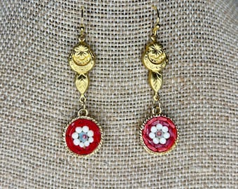 Gold and Red Micro Mosaic Earrings, 14 k gold filled hooks