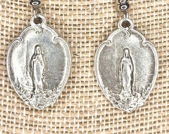 Silver Virgin Mary Medal Dangle Earrings for Women