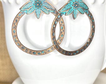 Copper Floral Hoop Dangle Earrings for Women