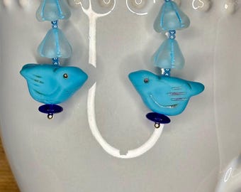 Blue Bird and Flowers Dangle Earrings for Women