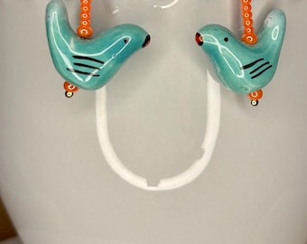 Turquoise and Orange Ceramic Bird Sterling Silver Dangle Handmade Earrings