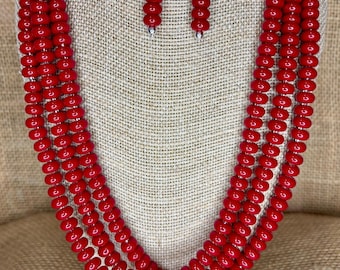 Red Coral Colored Jade Beaded Statement Necklace: Sterling Silver Earrings, Handmade Jewelry