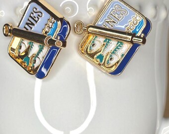 Blue Green Gold Sardine Tin Enamel Dangle Earrings for Women
