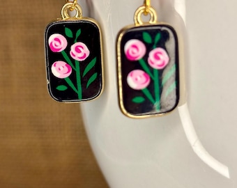 Pink Green and Black Enamel Flower Handmade Earrings with 14 k gold filled Hooks