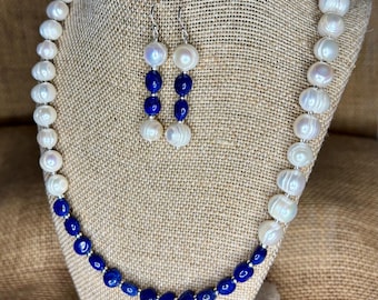 Lapis Lazuli Baroque Pearl Necklace Earrings Set, Sterling Silver, Handmade