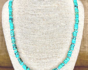 Green Turquoise & Silver Rustic Necklace Earring Set:  Boho Jewelry