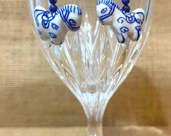Blue and White Porcelain Horse Handmade Earrings with Sterling Silver Hooks