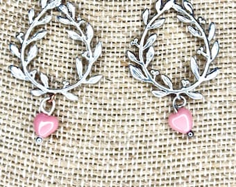 Silver Wreath Pink Heart Dangle Earrings for women
