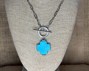 Turquoise Cross Toggle Necklace: Silver Chain