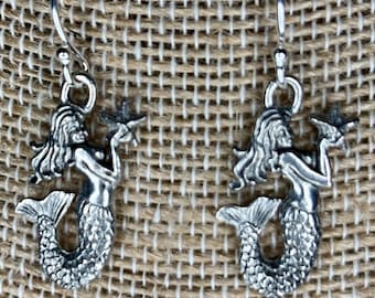 Silver Mermaid Dangle Earrings: Handmade Ocean Jewelry, Sterling wires