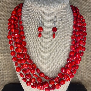 Red Coral chunky beaded statement necklace for Women, Natural Bamboo coral with sterling earrings, popular handmade jewelry gift for her