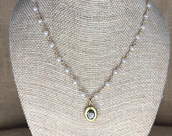 Tiny Rose Locket Necklace:  Gold Rosary Chain with Tiny White Beads