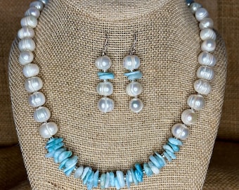 Blue Larimar Baroque Pearl Necklace Earrings, Sterling Silver Jewelry Set