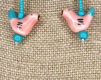 Pink Turquoise Ceramic Bird Sterling Silver Dangle Handmade Earrings