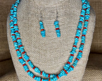 Genuine Sleeping Beauty Turquoise Chip and Orange Coral Necklace and Earrings for Women