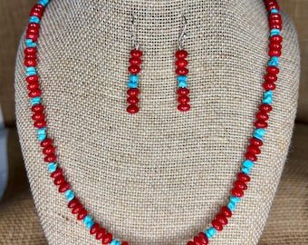 Long Genuine Sleeping Beauty Turquoise Chip and Red Coral Necklace and Earrings for Women