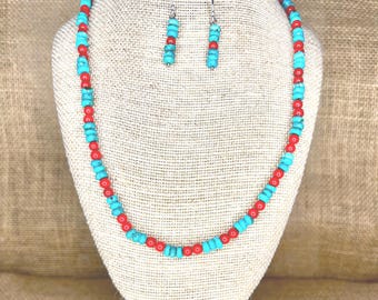 Long Turquoise & Red Coral Necklace Set: Sterling Silver Earrings, Southwestern Jewelry