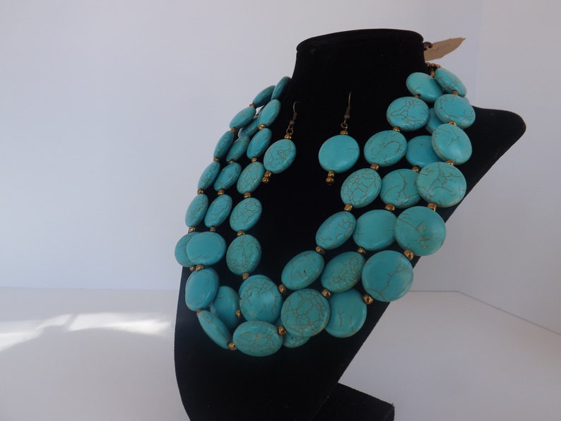Turquoise Bead Necklace ~ Coin Necklace ~ Triple Strand Statement Necklace for Women ~ Magnesite Stone Jewelry ~ Necklace and Earring Set