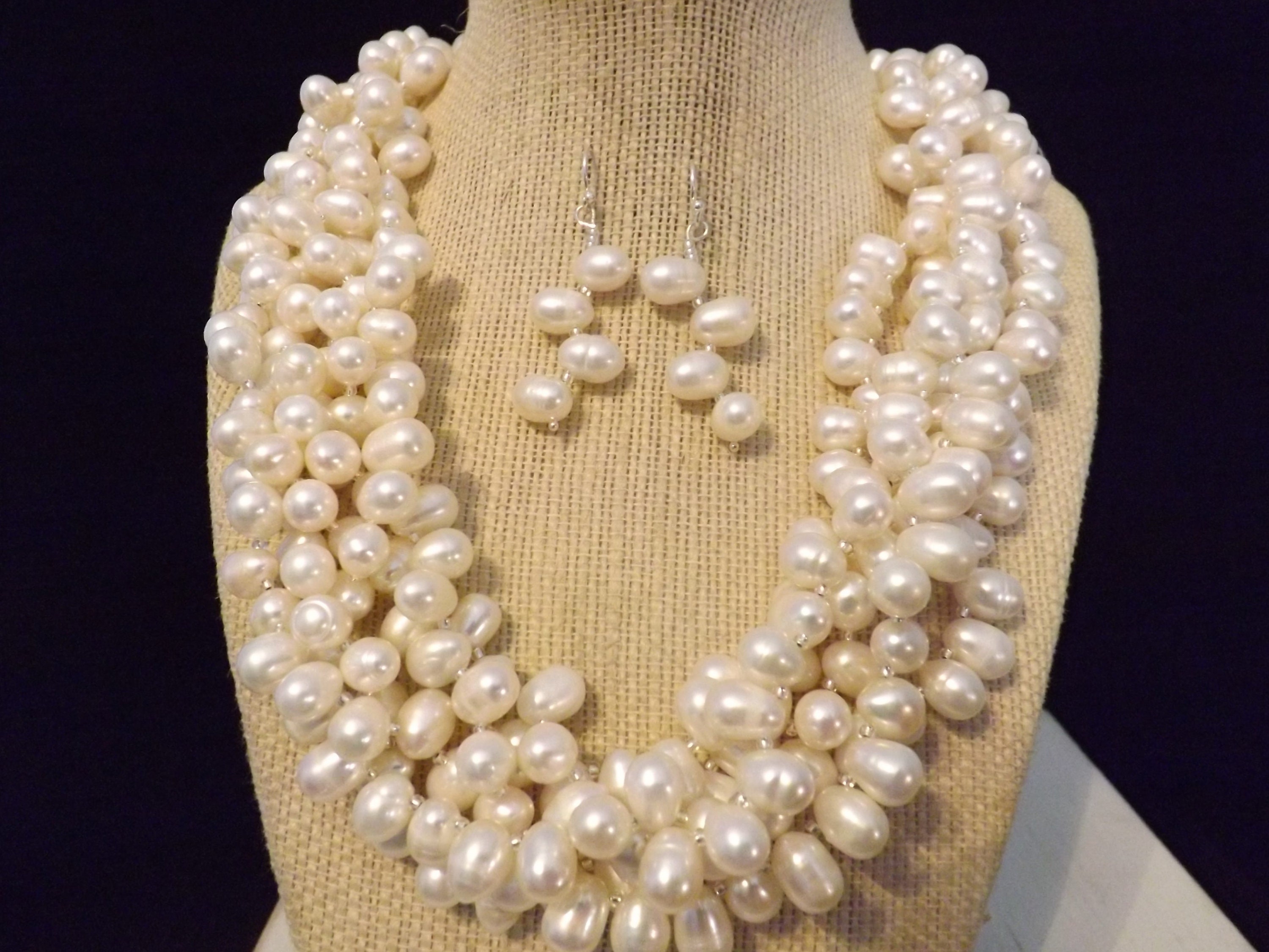 White Freshwater Pearl Statement Necklace and Earrings for