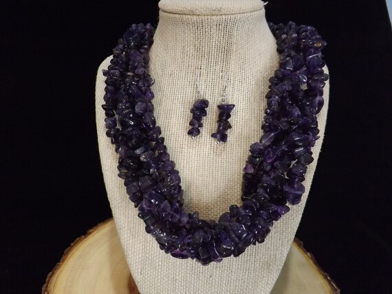 Purple Amethyst Statement Necklace and Earrings for Women Silver