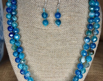 Mystic Blue Agate Sparkling Necklace and Sterling Silver Dangle Earrings