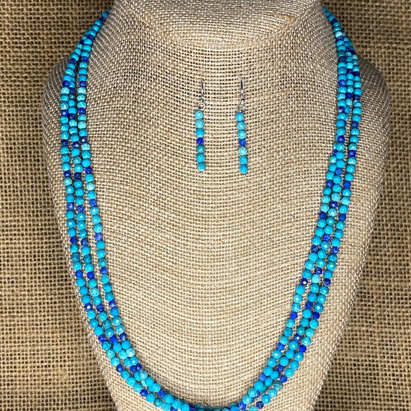 Genuine Turquoise and Blue Lapis Lazuli Necklace and Earrings for Women, Minimalist Beaded Southwestern boho jewelry, handmade gift for her