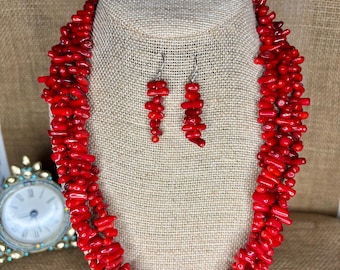 Red Coral Beaded Necklace & Sterling Silver Earrings: Dainty Boho Jewelry