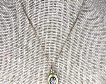 Tiny Rose Locket Necklace:  Gold Tone Chain