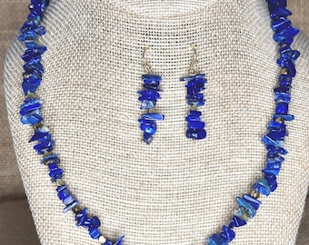 Dark Blue Lapis Lazuli Chip Necklace and 14K GF Earrings Set: Handmade Gemstone Jewelry