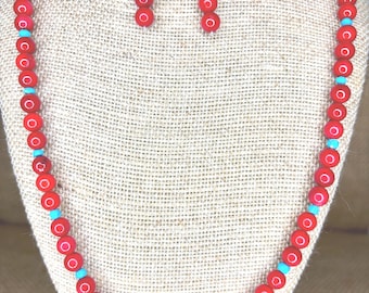 Long Turquoise & Red Coral Necklace Set: Sterling Silver Earrings, Southwestern Jewelry