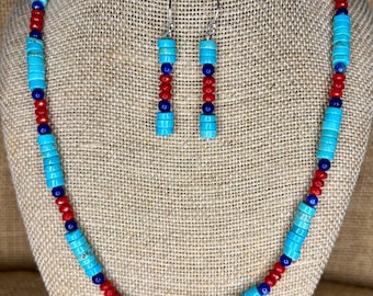 Turquoise, Coral, Lapis Lazuli Necklace and Sterling Earrings, Southwestern Jewelry
