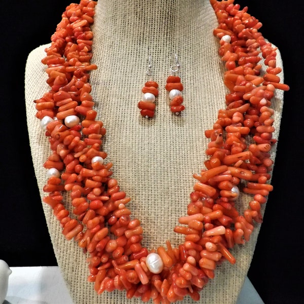 Chunky Orange Coral and Pearl Statement Necklace and Earrings for women, Silver Gemstone earrings, Popular handmade jewelry gift for her