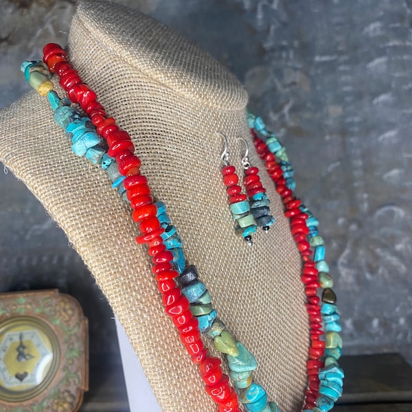 Genuine Turquoise and Red Coral necklace and earrings for women, Genuine Southwestern bead, silver earrings, handmade jewelry gift for her