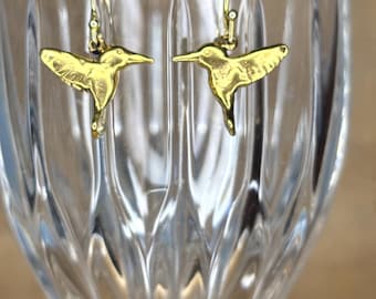 Gold Pewter Tiny Hummingbird Dangle Earrings for Women