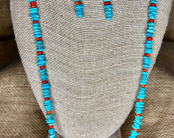 Long Genuine Sleeping Beauty Turquoise Chip and Orange Coral Necklace and Earrings for Women