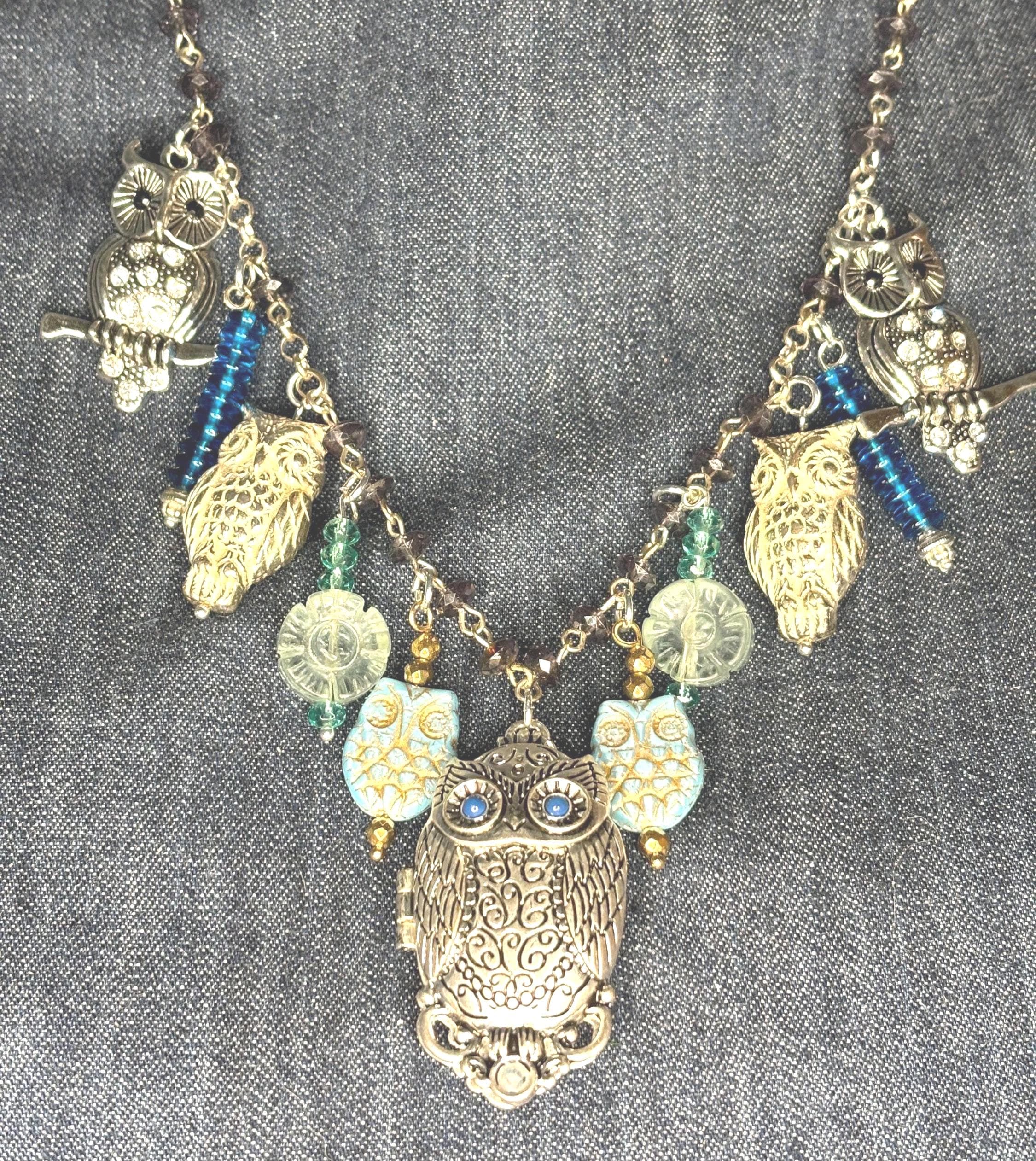 Aqua Owl Charm Pendant Necklace: Czech Glass Dangles, Vintage Vibe