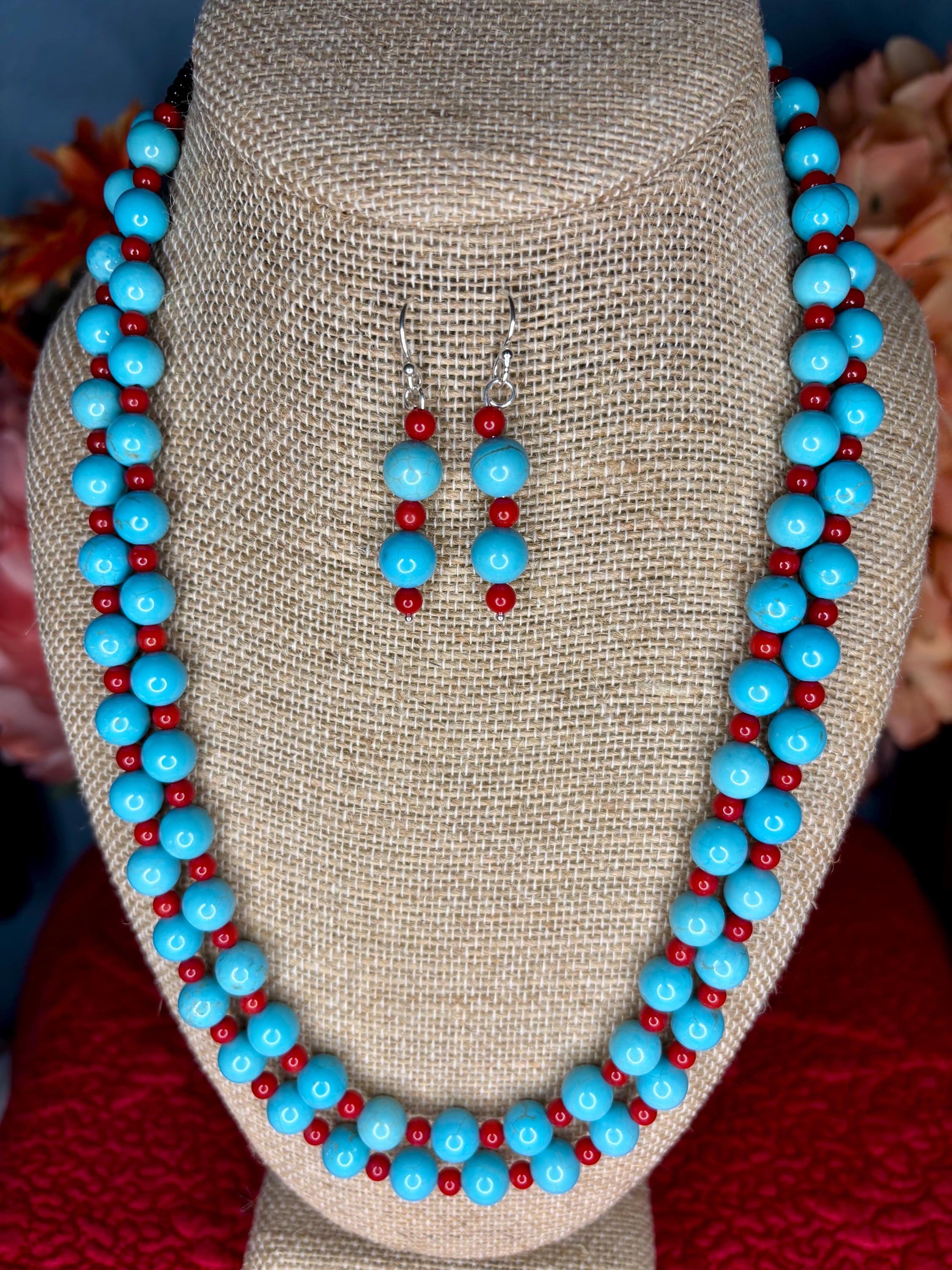 Genuine Turquoise and Red Coral necklace and earrings for women, Genuine Southwestern bead, silver earrings, handmade jewelry gift for her