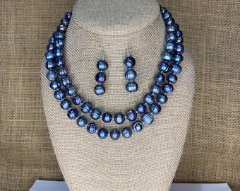 Peacock Freshwater Pearl Necklace & Earrings Set: Sterling Silver Boho Jewelry