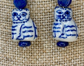 Blue and White Porcelain Kitty Cat Handmade Earrings with Sterling Silver Hooks