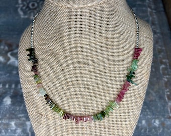 Pink Green Tourmaline Necklace: Sterling Silver Hematite Beaded Jewelry