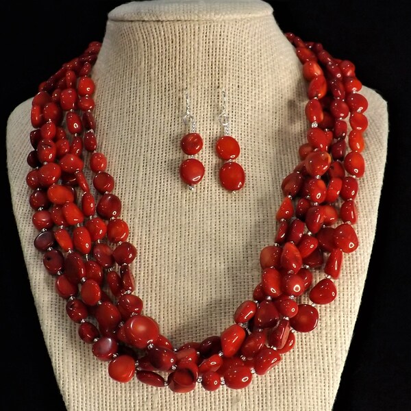 Red Coral chunky beaded statement necklace for Women, Natural Bamboo coral with sterling earrings,    popular handmade jewelry gift for her