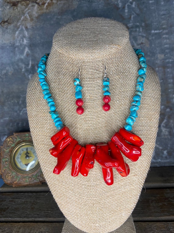 Red coral necklace and on sale earrings