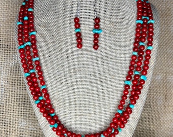 Sleeping Beauty Turquoise and Red Coral Necklace Earring Set: Sterling Silver Boho Jewelry