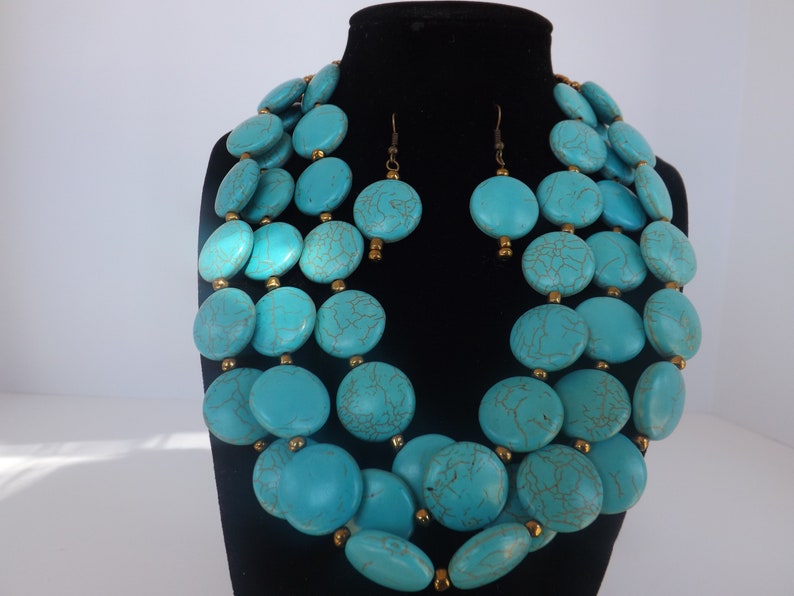 Turquoise Bead Necklace ~ Coin Necklace ~ Triple Strand Statement Necklace for Women ~ Magnesite Stone Jewelry ~ Necklace and Earring Set