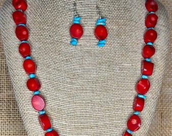 Red Coral & Turquoise Necklace and Earrings Set: Sterling Silver, Southwest Style
