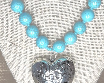 Turquoise Howlite Heart Pendant Necklace, Sterling Silver Earrings Set
