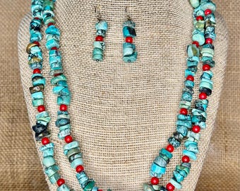 Rustic Genuine Green Turquoise & Red Coral with  Gold Necklace Earring Set:  Boho Jewelry