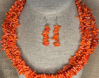 Chunky Orange Coral Statement Necklace & Sterling Silver Earrings Set