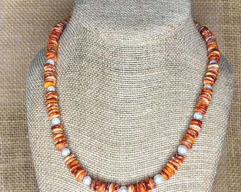 Spiny Oyster Shell Necklace: Freshwater Pearl, Southwestern Style, Handmade