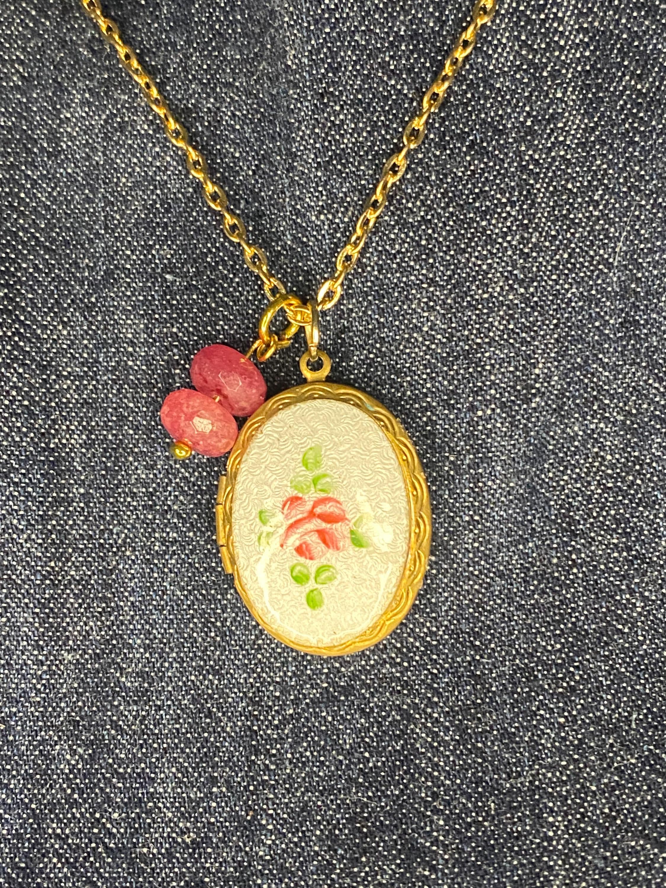Floral Locket Necklace: Pink Rose, Gold Chain, Beaded Dangle - Etsy